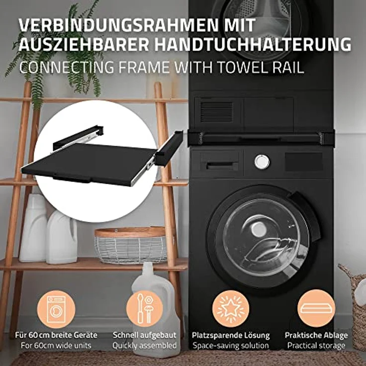 ML DESIGN modern living Zwischenbaurahmen mit Ausziehplatte aus Stahl, Schwarz, 60x60 cm - Verbindungsrahmen für Waschmaschine/Trockner mit ausziehbarer Ablage für Wäschekorb – Bild 2