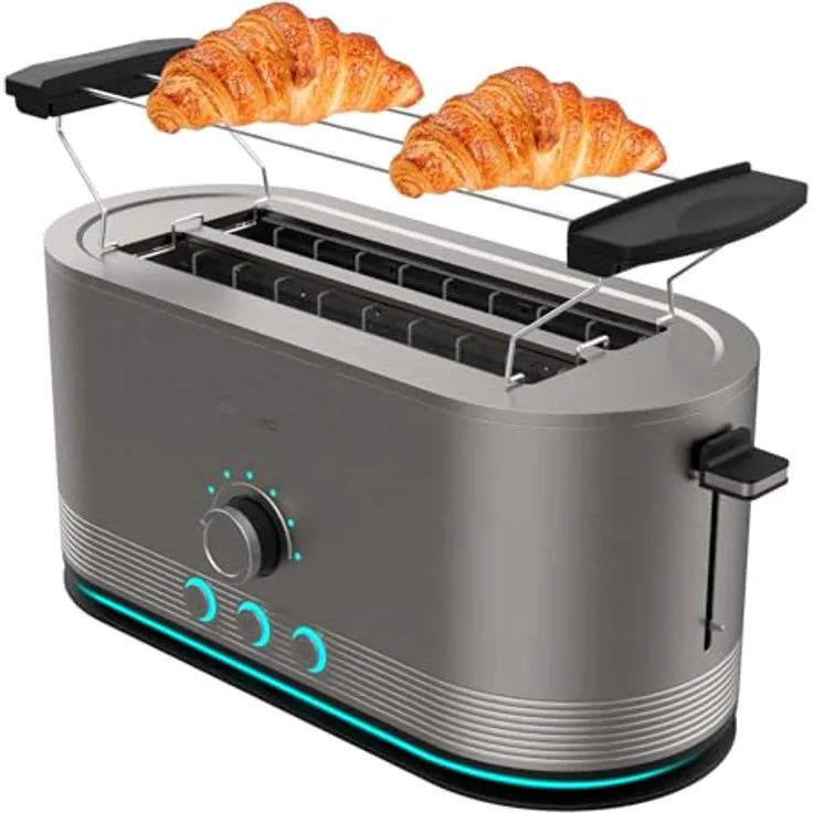 Cecotec Shine&Toast Extra Double, Vertikaler Toaster aus Edelstahl, 1400W, 4-Scheiben-Kapazität, 3,8 cm breite Schlitze, 7 Röststufen, Leuchtring