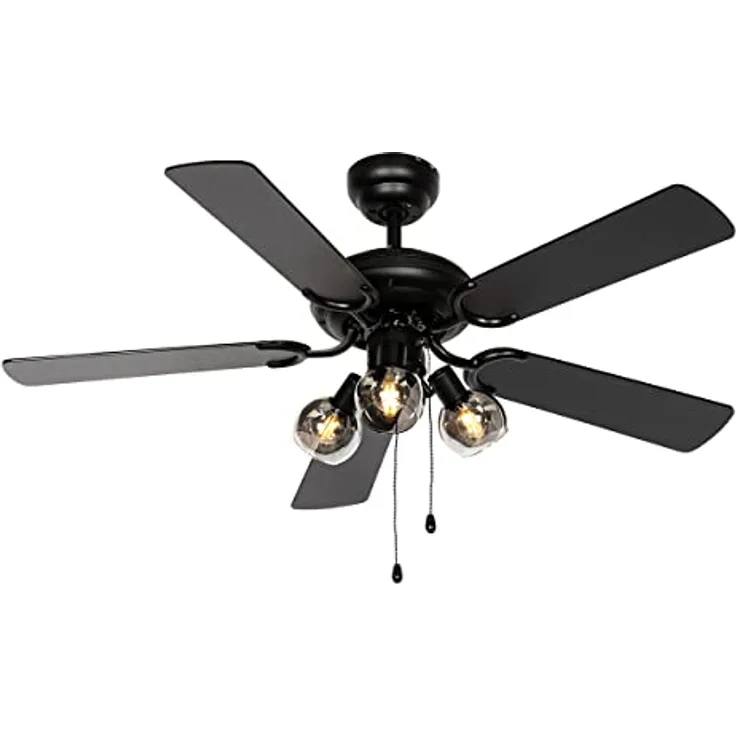 Qazqa - Industrie Vintage Deckenventilator schwarz mit Zugschalter 3-flammig - Mistral Vidro - Stahl Rund - LED geeignet E14