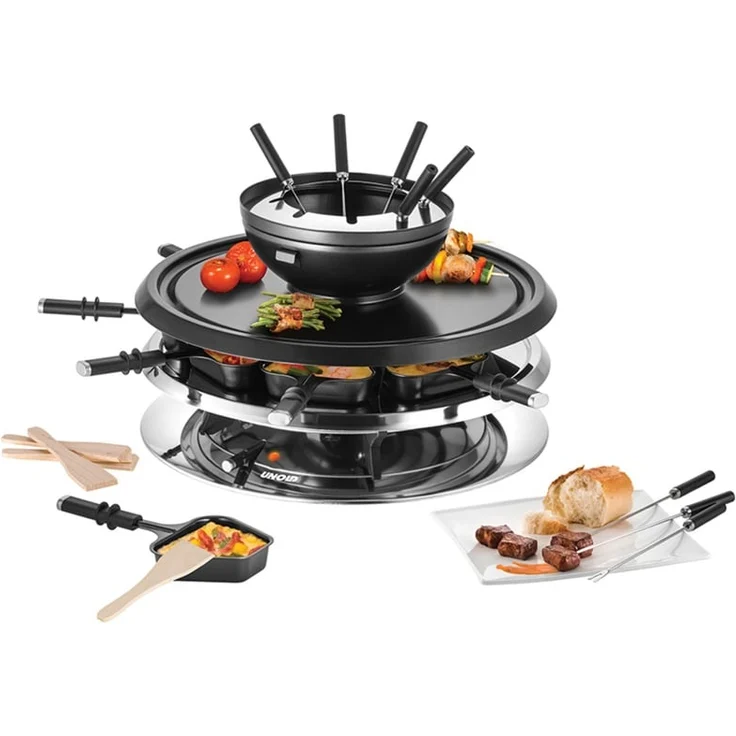 Unold RACLETTE Multi 4 in 1 für bis zu 8 Personen Fondue, Heißer Stein und Grill, Heizelement aus Edelstahl, Fonduetopf mit Decke, antihaftbeschichtete Grillplatte – Bild 2