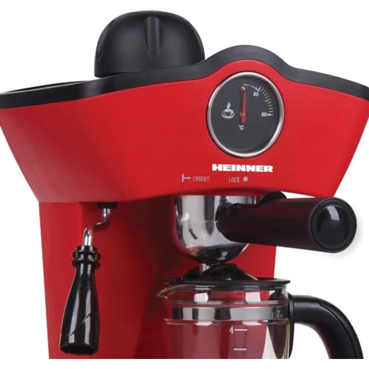 Heinner HEM-200RD, Espressomaschine mit 800 W, 0,25 l Wassertank, Edelstahlfilter und Glaskanne, Rot – Bild 3
