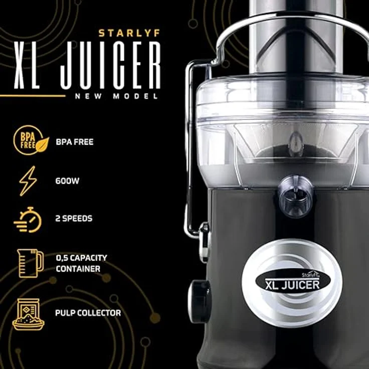 Starlyf XL Juicer Leistungsstarke Saftpresse 600 W, 2 Geschwindigkeiten, BPA-frei, für die Küche, Explulsa Fruchtfleisch, schneller Säfte, Obst und Gemüse, Cold Press Entsafter, leise – Bild 2