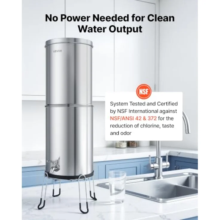VEVOR Schwerkraft-Wasserfilter Wasserfiltersystem 12,3 L Edelstahl 304, reduziert Blei und bis zu 99 % Chlor, mit 2 Aktivkohlefiltern und 2 Fluoridfiltern, inkl. Wasserhahn & Ständer – Bild 2