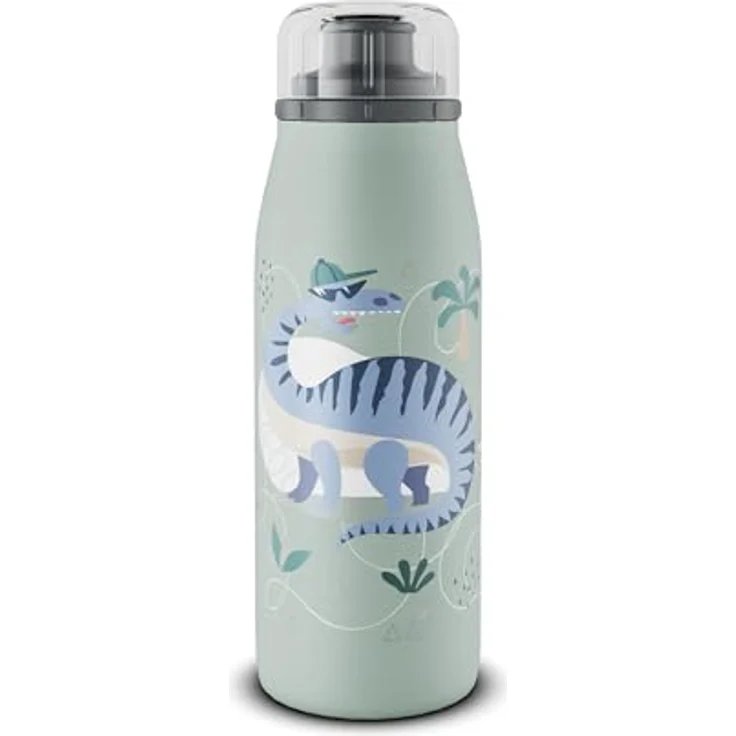 alfi KIDS ISO BOTTLE 350ml, mit Dinos, Isoliertrinkflasche Kinder Edelstahl, absolut dichter Drehverschluss, hält 12 Std. heiß, 24 Std. kalt, Trinkflasche für Kohlensäure, BPA-frei – Bild 1