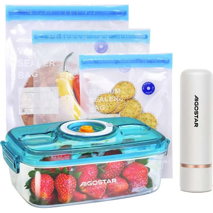Aigostar Vakuumierer Set, wiederverwendbare Vakuumbeutel und Vakuumdosen mit Vakuumpumpe, BPA-frei, für den Gefrierschrank geeignet