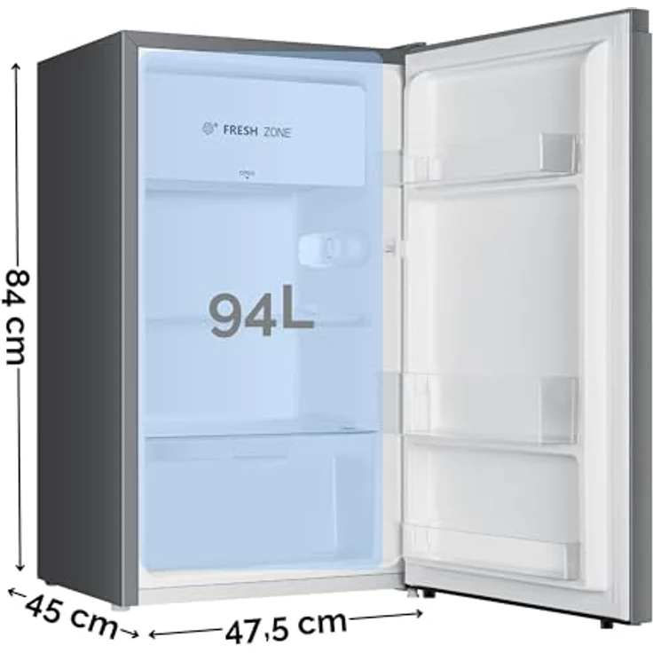YUNA Kühlschrank SEREBRO E mit Fresh Zone/ 94L Nutzinhalt/Vollraumkühlschrank/ 84 cm hoch/ 86 kWh/Jahr/Türanschlag wechselbar/Leiser Betrieb 36 dB/Silbern – Bild 3