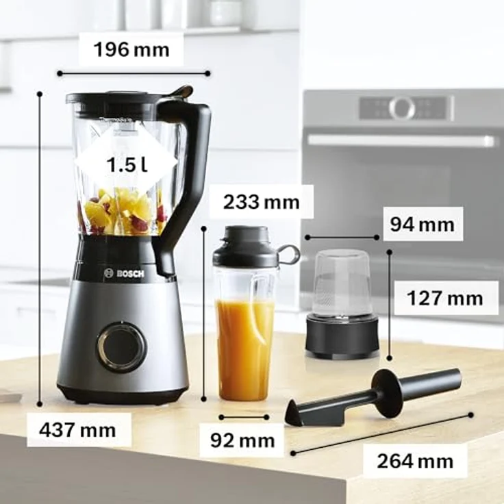 Bosch 4242005319275 VitaPower Standmixer, 1200 Watt, 1,5 Liter, bis zu 30.000 U/min, inkl. Tritan ToGo-Flasche 0,6 L, Zerkleinerer,Stopfer, 4-Klingen-Messer, Kunststoff, Glas, schwarz, silber – Bild 2