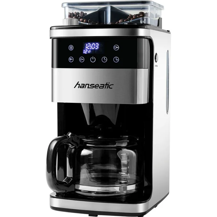 Hanseatic HCMG105015SD, Kaffeemaschine mit Mahlwerk, 1,5l Kaffeekanne, LCD Display, Timer, Schwarz-Silber