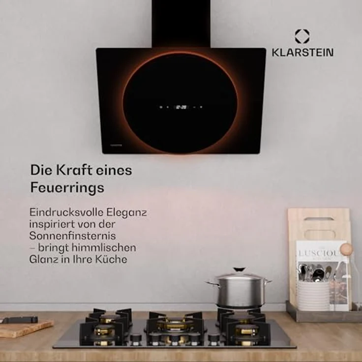 Klarstein Total Eclipse Dunstabzugshaube - 60 cm Kopffreihaube, LED-Beleuchtung 3000 K-6500 K, 600 m³/h, Touch-Steuerung, Energieeffizienz A, 61 dB, Umluft & Abluft, Schwarz – Bild 2