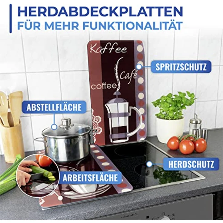 WENKO 2521492500 Herdabdeckplatte Universal Kaffeeduft, 2er Set, für alle Herdarten, Gehärtetes Glas, 30 x 1.8-5.5 x 52 cm, Mehrfarbig – Bild 4
