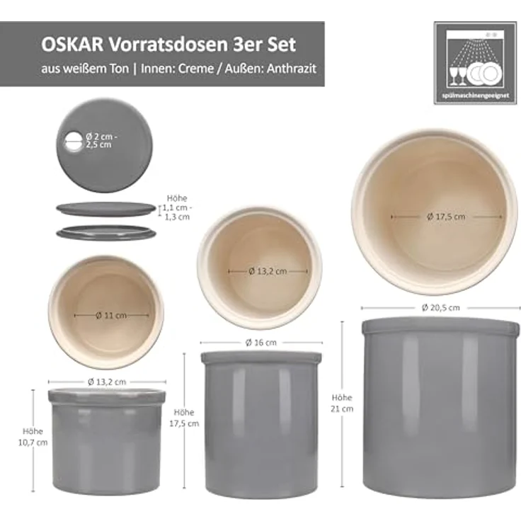 MamboCat Vorratsglas 3er Set Oskar Vorratsdose S M & L in Grau aus Ton, platzsparend und luftdicht – Bild 6