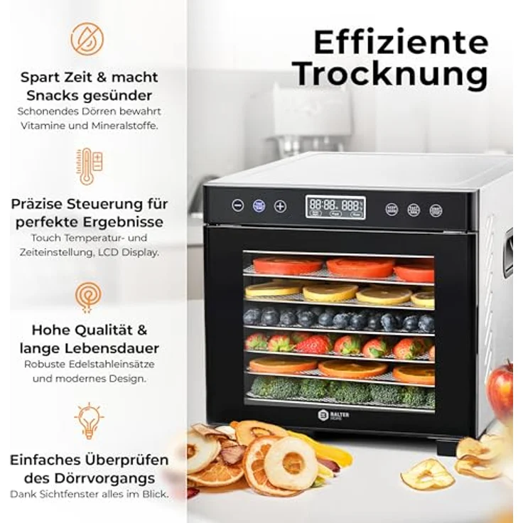 Balter Dörrautomat DA-108, Edelstahl Dörrgerät mit 7 Einlegefächern, 600 W, 35°–75°C, Timer bis 48 Std, BPA-frei, Warmhaltefunktion, inkl. Rezeptbuch – Bild 2