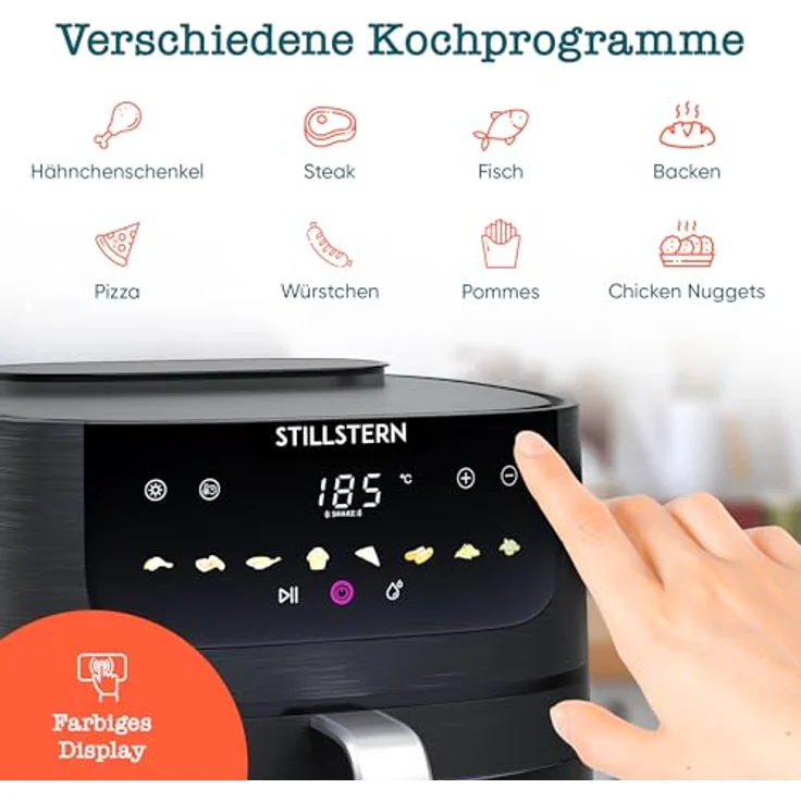 Stillstern Heißluftfritteuse 8L XXL – Dampffunktion, Sichtfenster, 1800W, 8 Programme, 3 Funktionen, 120-Min-Timer, Shake-Funktion, 120 Rezepte [Deutsch] – Fritteuse ohne Öl für knusprige Ergebnisse, silber – Bild 4