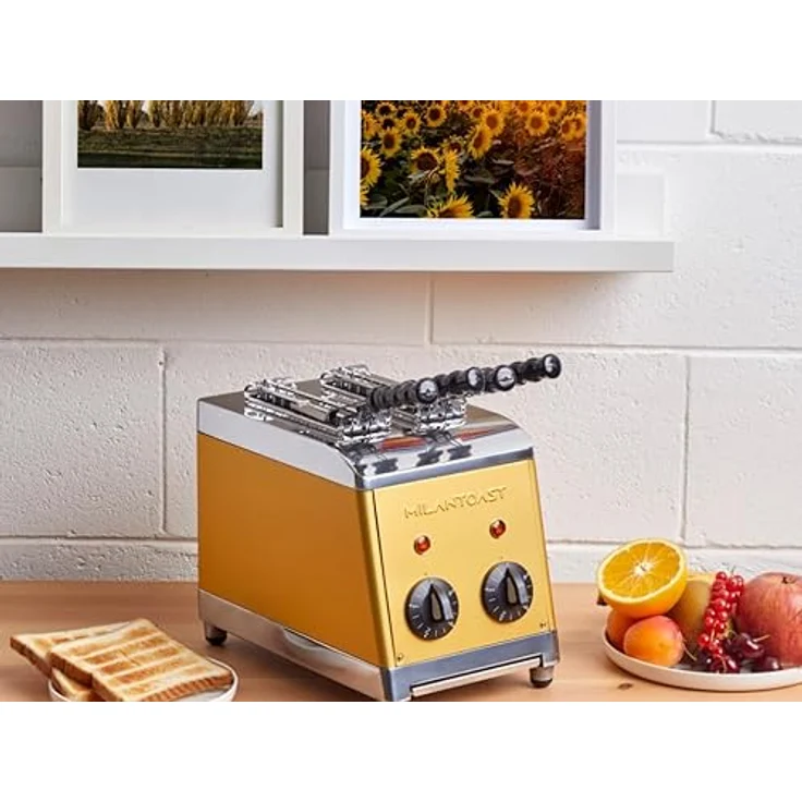 MILANTOAST Milantoast 2-er Toaster mit Zangen mit Brötchenaufsatz, Edelstahlgehäuse in Goldfarbe – Bild 3