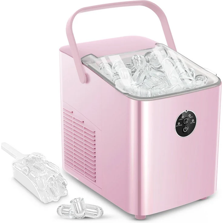 FOHERE Eiswürfelmaschine Klein, 14kg/24h, 6 Min. Eisproduktion, 2 Bullet Ice Größen, selbstreinigend, rosa