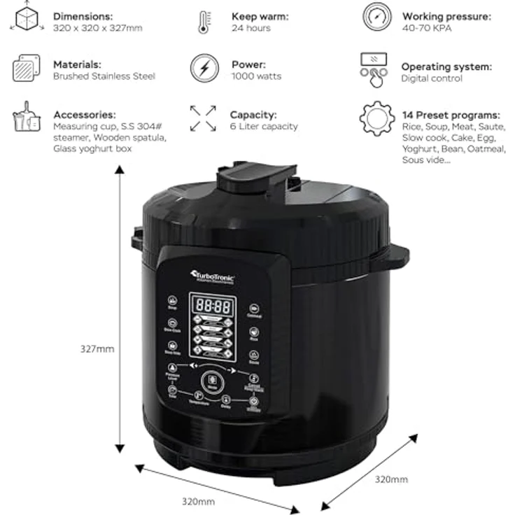 TurboTronic by Z-Line Multikocher TurboChef Pot, 1000 W, 6 l, Dampf- und Schongarer, Schwarz, mit Edelstahl- und Antihafttopf – Bild 2