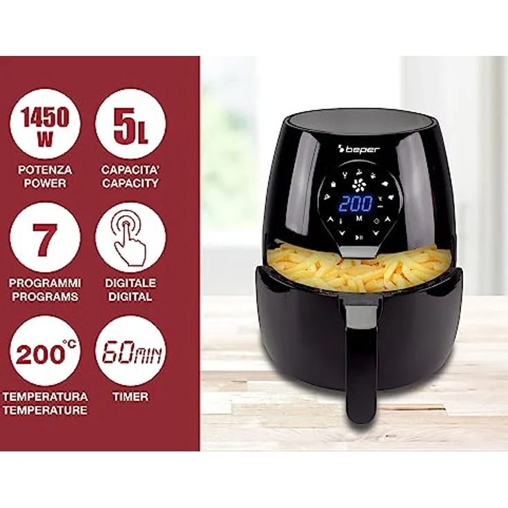 Beper P101FRI050 Heißluftfritteuse, 1450 Watt, 5 Liter, Thermostat bis 200 °C, Timer, Display, Kunststoff, schwarz – Bild 3