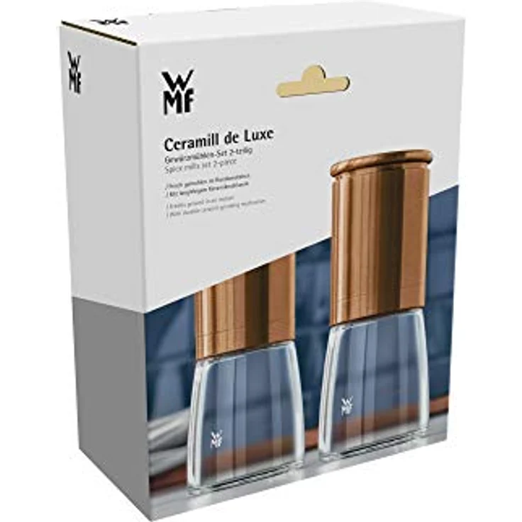 WMF De Luxe Salz und Pfeffermühle Set 2-teilig, unbefüllt, 14 cm, Cromargan Edelstahl, Glasbehälter, Keramikmahlwerk, Mühle für Salz, Pfeffer, Chillischoten – Bild 4