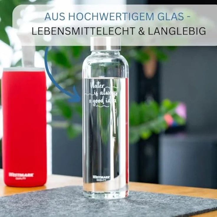 Westmark Trinkflasche, aus Glas mit Aufdruck, inkl. Schutzhülle, 550 ml, Glas-Silikon-Kautschuk, BPA-frei, Viva, Rot-Silber-Klar, 5272226R – Bild 3