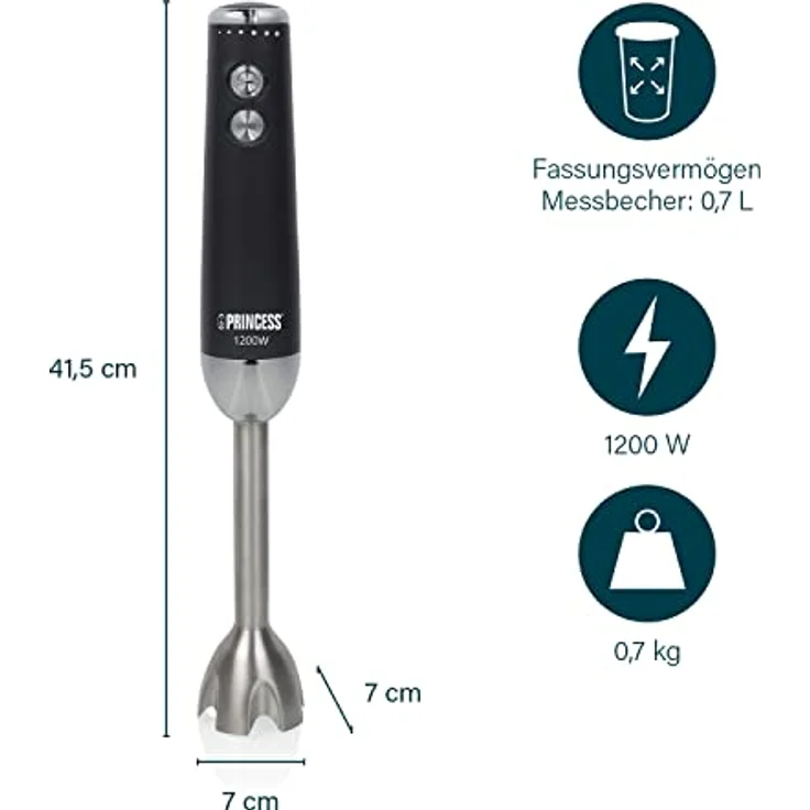 Princess Stabmixer - 1200 W - Edelstahlklingen - Einstellbare Geschwindigkeit & Turbofunktion – Messbecher - 221229 – Bild 3