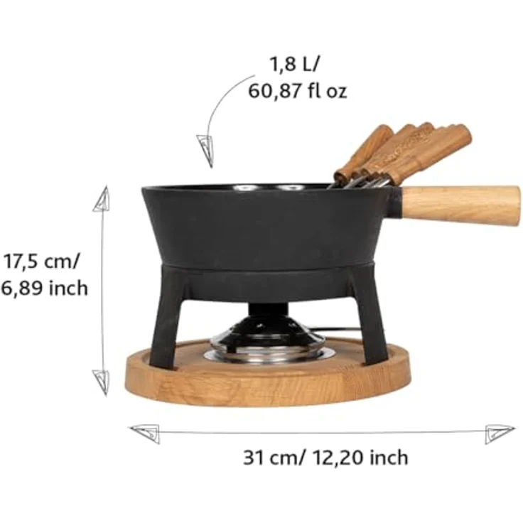 Boska Fondue Pro Set L, Käsefondue, Fondue-Set, Fonduetopf, Gusseisen, Eichenholz, Edelstahl, Schwarz, 1.5 L, 853551 – Bild 6