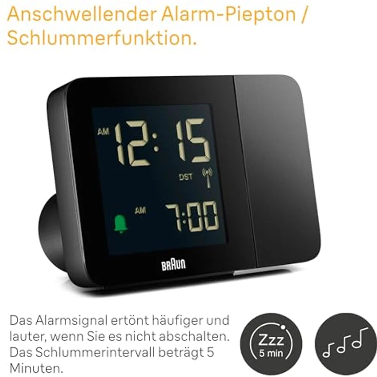 Braun BC15B-DCF, Digitaler Funk-Projektionswecker mit negativem LCD-Display, Schnelleinstellung und Alarm-Piepton, schwarz – Bild 5