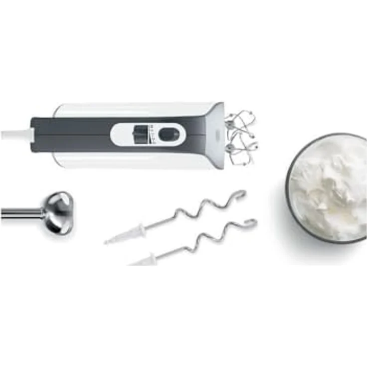 Bosch MFQ49700 Styline Handmixer, 850W, 5 Geschwindigkeitsstufen, inkl. Edelstahl Rührbesen und Knethaken, Spiralkabel, inkl. Stabmixer-Aufsatz, Mixbehälter (0,6L), weiß, dark silber – Bild 2