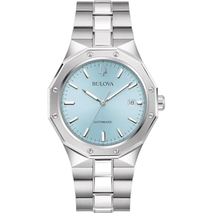 Bulova Herren-Armbanduhr Automatik Classic Stahl/Hellblau 96B462, mit Synthetischem-Saphir Uhrglas und blauem Zifferblatt
