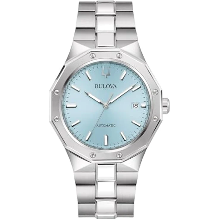 Bulova Herren-Armbanduhr Automatik Classic Stahl/Hellblau 96B462, mit Synthetischem-Saphir Uhrglas und blauem Zifferblatt