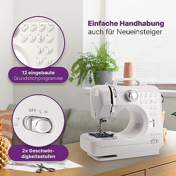 BOMANN Freiarm-Nähmaschine NM 6063 CB, Nähmaschine für Anfänger mit 12 Stichmustern, in Weiß – Bild 2