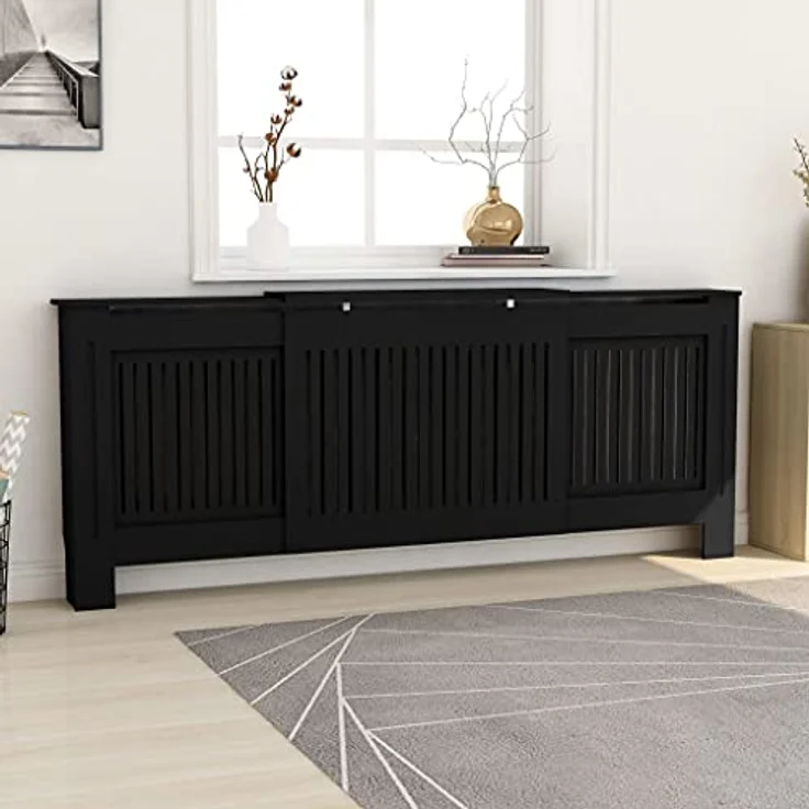 vidaXL Tarik Heizkörperverkleidung, Schwarz, einstellbare Länge 142-205 cm, modernes Lattenrost-Design aus robustem MDF – Bild 2