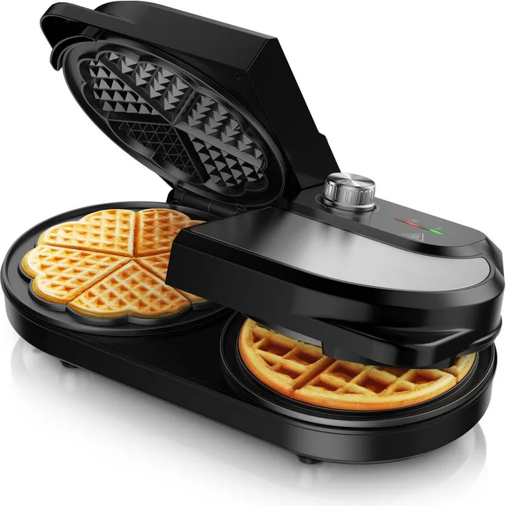 Arendo Waffeleisen Duo-Waffelautomat, 2x Waffelplatten (Belgische Waffeln & Herzform), 1400 W, stufenloser Temperaturregler, Edelstahl, BPA-frei, antihaftbeschichtet