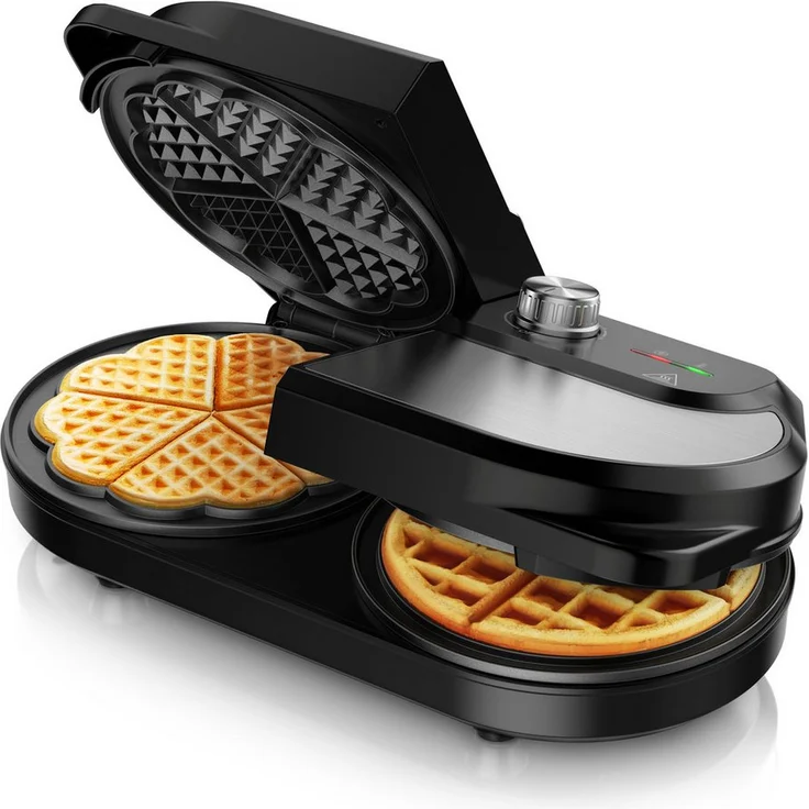 Arendo Waffeleisen Duo-Waffelautomat, 2x Waffelplatten (Belgische Waffeln & Herzform), 1400 W, stufenloser Temperaturregler, Edelstahl, BPA-frei, antihaftbeschichtet