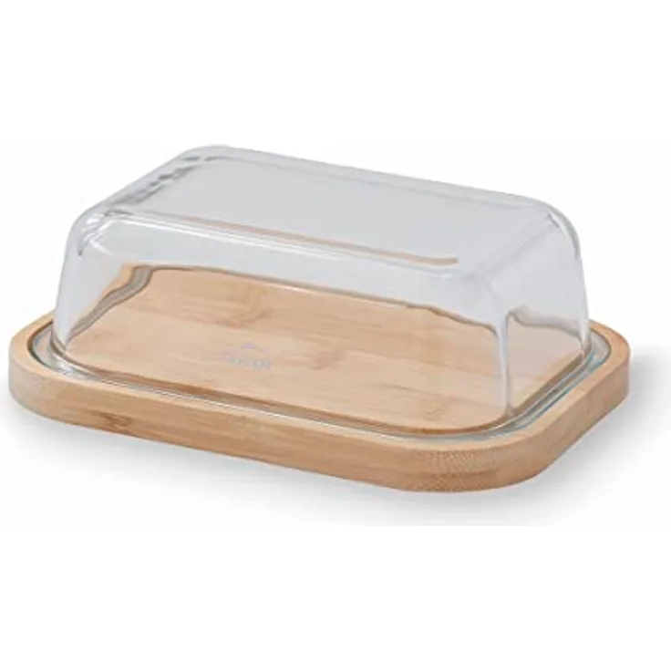 Lacor - 62898 - Butterbehälter, Bambussockel, Borosilikatglasplatte, leicht zu reinigen, spülmaschinenfest, 18.5 x 14 x 6.5 cm
