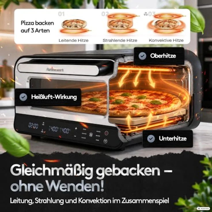 Flammenwerk Pizzaofen elektrisch, 1700 W mit Cordierit-Pizzastein und Pizzaschieber, Schwarz, bis 450 °C, mit Backprogrammen – Bild 3