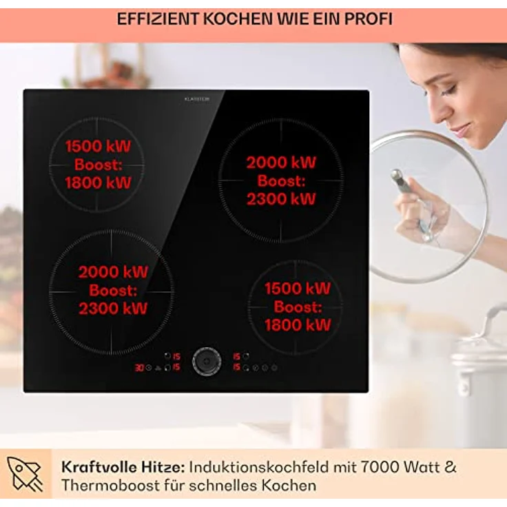 Klarstein Induktionskochfeld 4 Platten, Einbau-Induktionskochfeld mit 4 Kochfelder, 7000 Watt Induktionskochfeld, Herd mit Touch-Control & Timer, Glaskeramikkochfeld mit Abnehmbarem Magnetregler – Bild 3