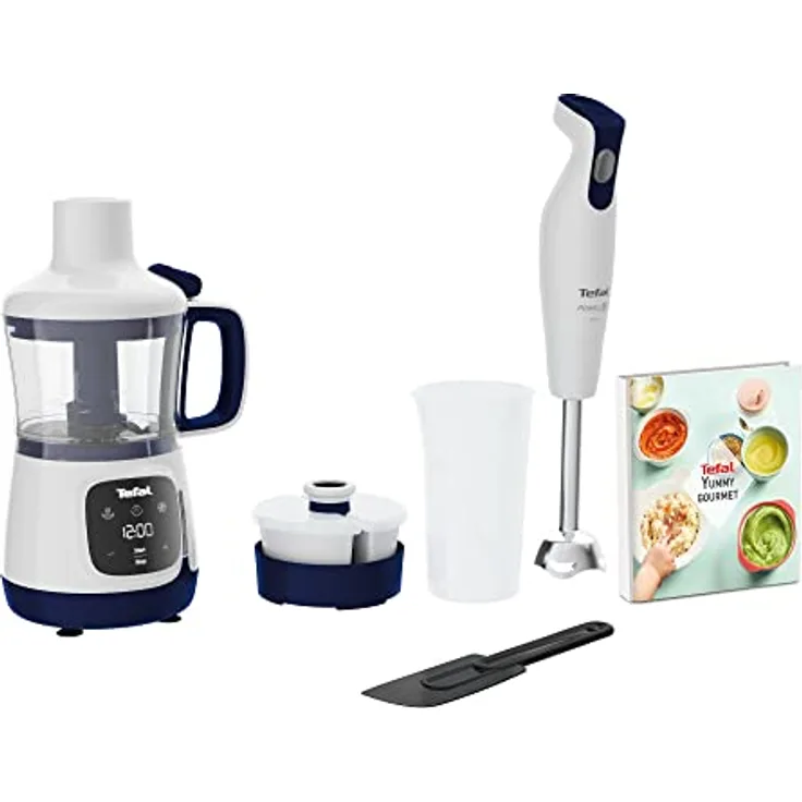 Tefal HB55W4 Yummy Gourmet Babynahrungszubereiter | inkl. Stabmixer, Spatel, Messbecher, 2x Keramikvorratsbehälter, Rezeptbuch | Touchscreen | BPA-frei | spülmaschinenfestes Zubehör | Weiß/Blau