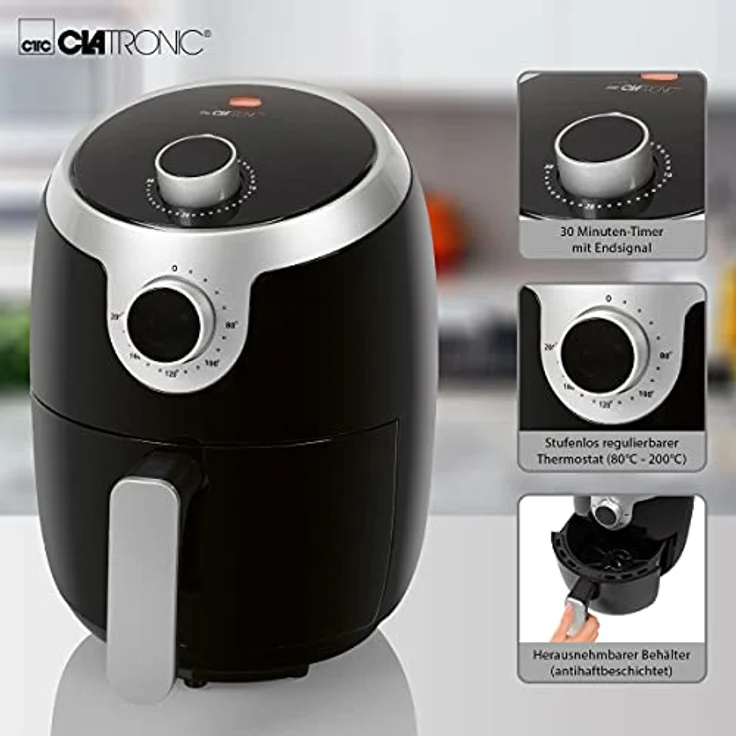 Clatronic Heißluftfritteuse FR 3769 H, ohne Fett, 1.8 Liter Fassungsvermögen, 1000 Watt, schwarz silber – Bild 6