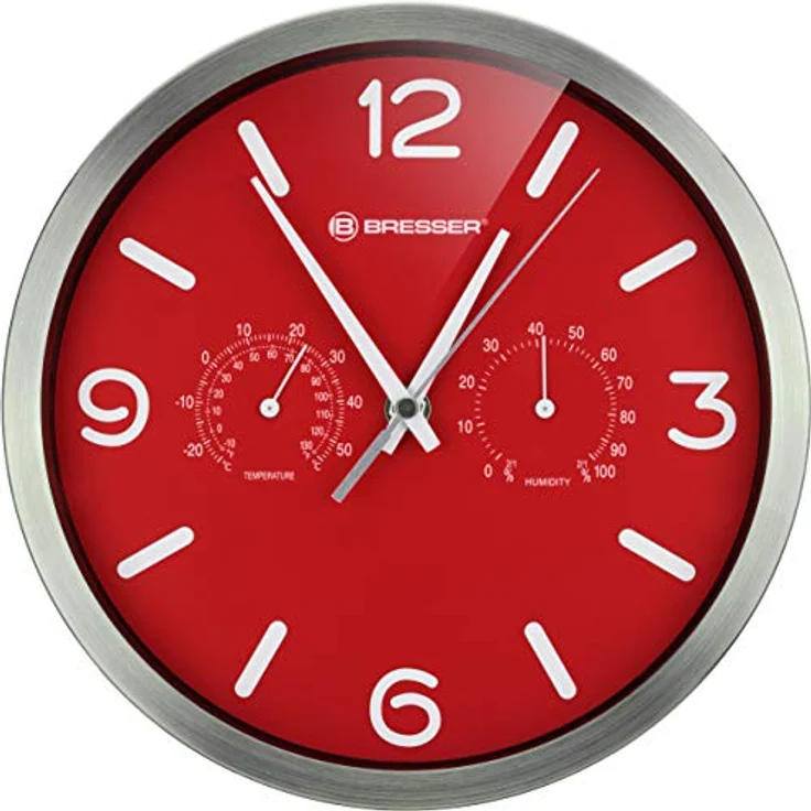 Bresser Funkuhr Wanduhr MyTime ND Thermo-Hygro mit geräuschlosem Funkuhrwerk, Edelstahlrahmen und Anzeige für Temperatur und Luftfeuchtigkeit, rot, 250x250mm – Bild 2