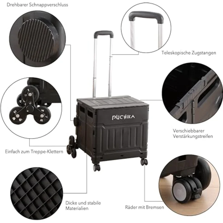 PUCHIKA Einkaufstrolley klappbar, Einkaufswagen Trolley mit Deckel, faltbar, flachziehbar, 8 Gummiräder, 48L, Schwarz – Bild 4