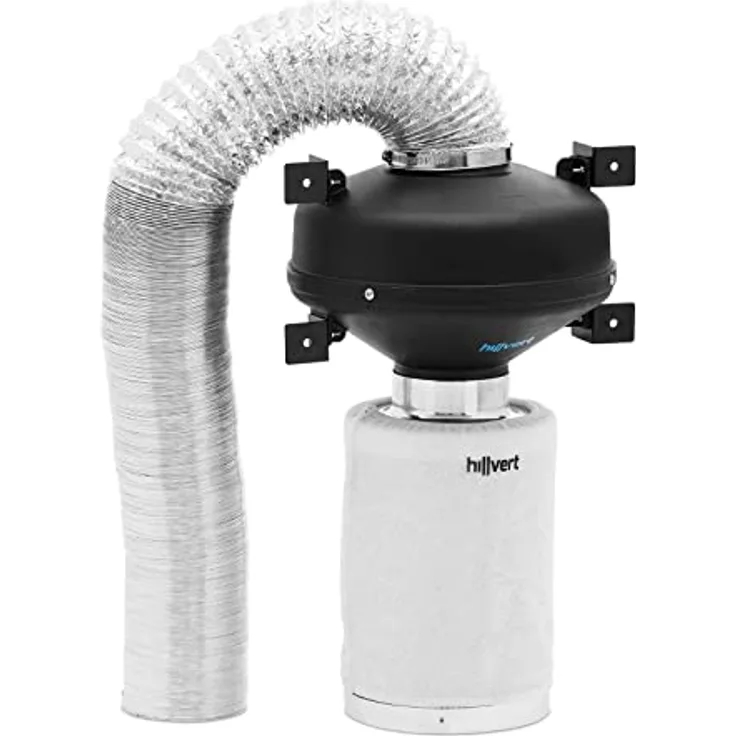 Hillvert HT-AF-30 Abluftset 30 cm Aktivkohlefilter/Rohrventilator/Abluftschlauch 249,6 m³/h Ø 100 mm Auslass Abluft-Komplettset Lüfter-Set, effektive Luftreinigung und einfache Installation, silber