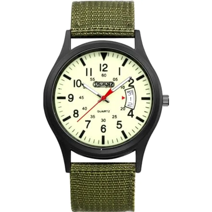 JewelryWe Herrenuhr Militär Quarz Armbanduhr in Olivgrün, 12/24-Stunden Zifferblatt, Leuchtzeiger, Nylonarmband, Spritzwassergeschützt