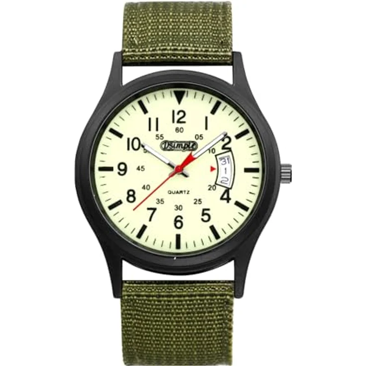 JewelryWe Herrenuhr Militär Quarz Armbanduhr in Olivgrün, 12/24-Stunden Zifferblatt, Leuchtzeiger, Nylonarmband, Spritzwassergeschützt – Bild 1