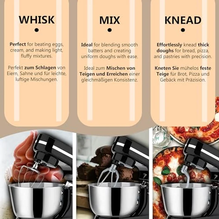 Retoo Küchenmaschine 3 in 1 mit Edelstahl-Schüssel 6 L 2000 W, 6 Stufen, Planetarischer Bewegung, 3 Aufsätze, Spritzschutz, Geräuscharm – Bild 4