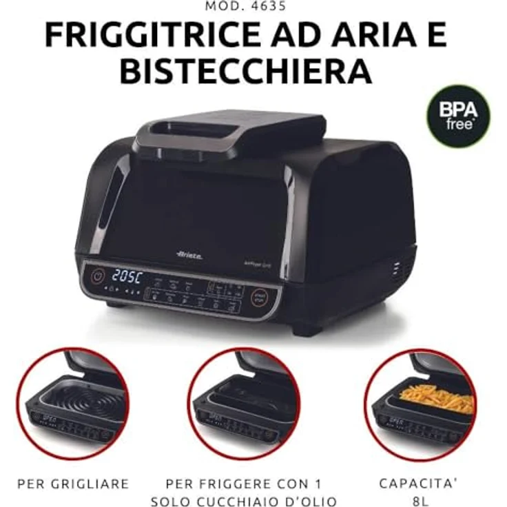 Ariete 4635 Air Fryer Grill, Luftfritteuse und Grill, 1700 W, 8 l, Schwarz, 8 Kochfunktionen – Bild 2