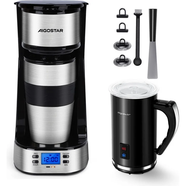Aigostar Filterkaffeemaschine mit Thermobecher, 420 ml, 750W, Edelstahl, inkl. AutoClean-Funktion und 24H Timer, LCD-Anzeige, abnehmbarer Filter
