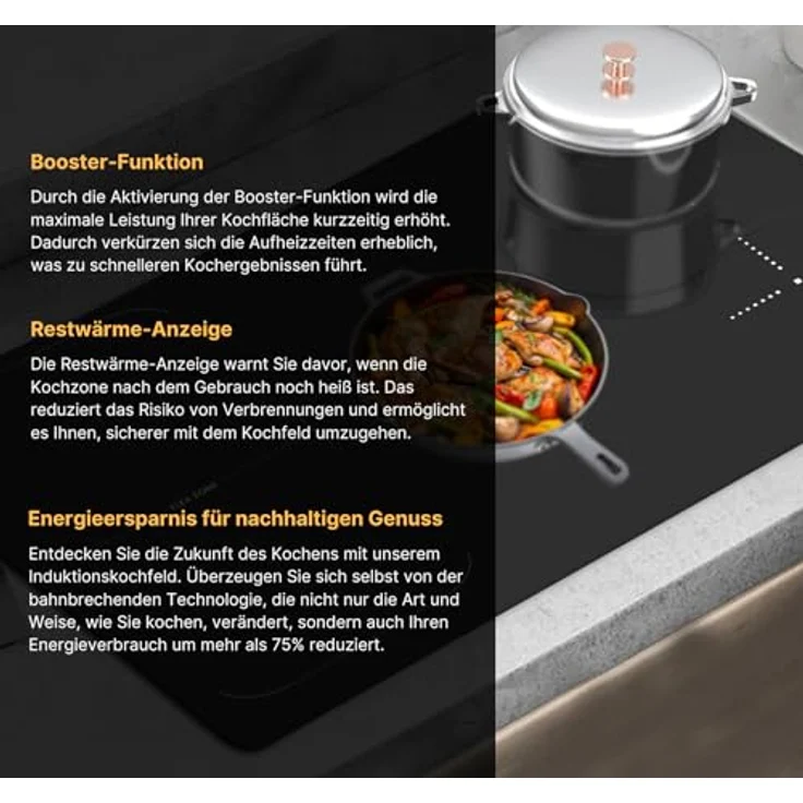 KB-ELEMENTS Induktionskochfeld 5 Platten - Induktionskochfeld 80cm, Autarkes Induktionskochfeld, 10200 Watt, Rahmenlos, Touch-Bedienung,99Min Timer, Kindersicherung, Aut. Abschaltung – Bild 3