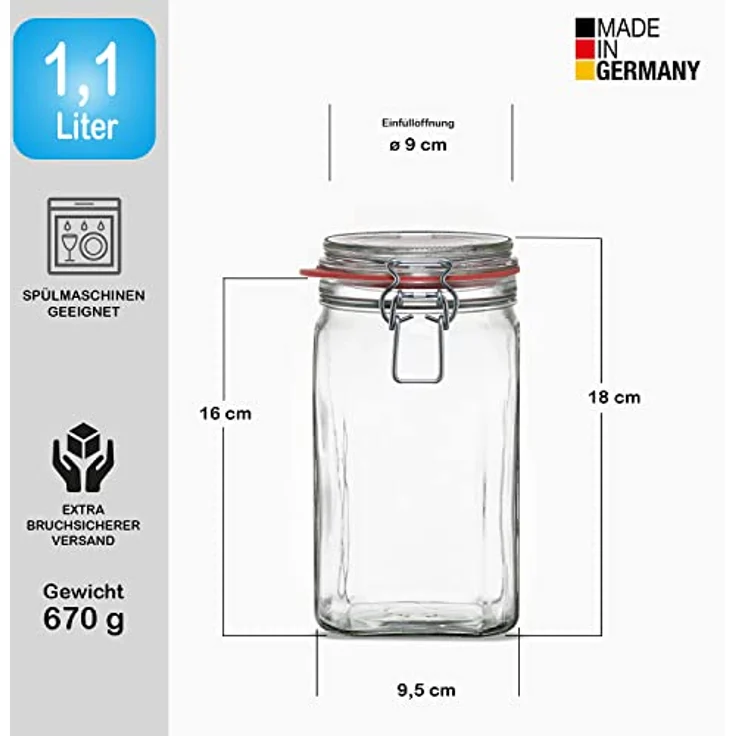 BigDean Einmachglas 12x Vorratsgläser 1,1L Deckel & Bügelverschluss Made in Germany, Glas, (12-tlg) Transparent – Bild 3