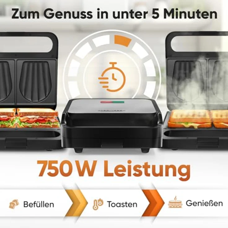 ProfiCook Sandwichmaker PC-ST 1297, Edelstahl Sandwichmaker mit muschelförmigen Platten, 750W, Antihaftbeschichtung, Überhitzungsschutz – Bild 3
