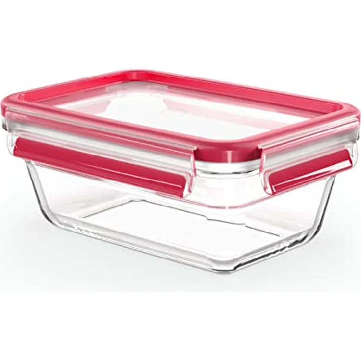 Emsa N10408 Clip & Close Glas Frischhaltedose | 0,85 L | stapelbar | gefrierfest | backofenfest | mikrowellenfest | rutschfestes Stapeln | 100% dicht | spülmaschinenfest | Transparent/Rot – Bild 1